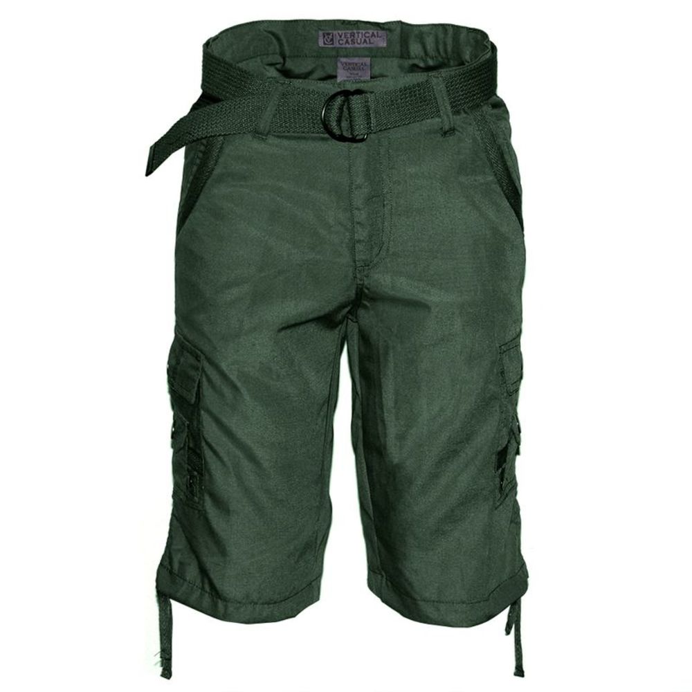 Mens Cotton Cargo Shorts Multiple Pockets Belt Casual Fit Olive